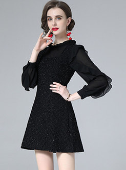 Ruffle Long Sleeve Patchwork Mini Black Dress