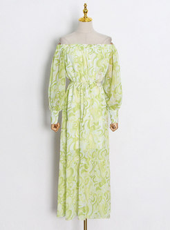 Off-the-shoulder Print Big Hem Boho Maxi Dress