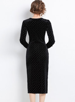 Black Long Sleeve Polka Dot Velvet Midi Dress