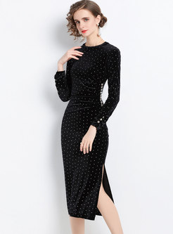 Black Long Sleeve Polka Dot Velvet Midi Dress
