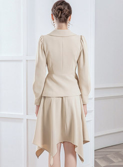 Puff Sleeve Asymmetric Blouse & A Line Midi Skirt