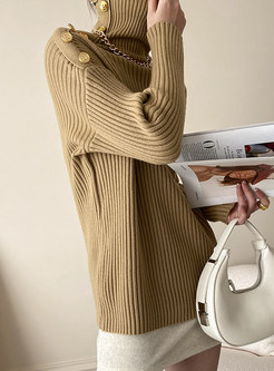 Turtleneck Pullover Ribbed Sweater With Buttons