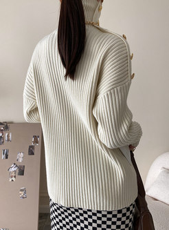 Turtleneck Pullover Ribbed Sweater With Buttons