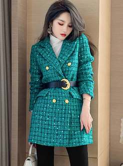 Lapel Plaid Sequin Double-breasted Coat