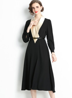 V-neck Long Sleeve Color-blocked Midi Dress