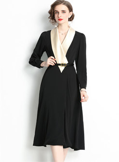 V-neck Long Sleeve Color-blocked Midi Dress