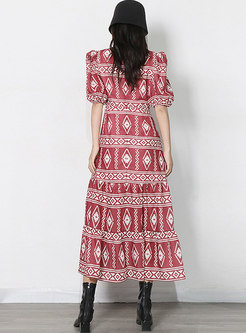 V-neck Puff Sleeve Print Boho Maxi Dress