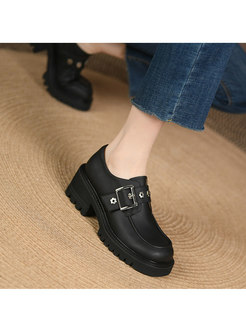 Rounded Toe Block Heel Leather Buckle Loafers