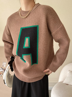 Crew Neck Letter Print Pullover Loose Sweater