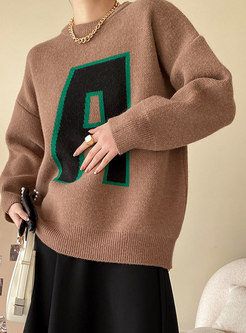 Crew Neck Letter Print Pullover Loose Sweater