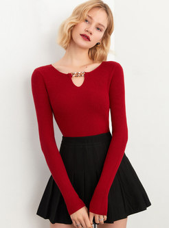 Red Pullover Slim Chain Embellished Knit Top