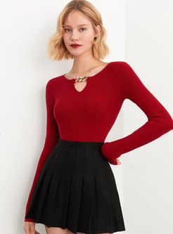 Red Pullover Slim Chain Embellished Knit Top