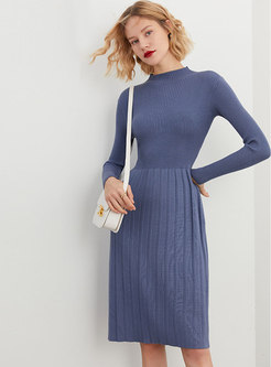 Long Sleeve Ribbed Knee-length Sweater Dress