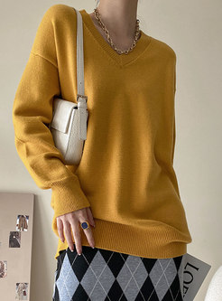 Brief V-neck Long Sleeve Pullover Loose Sweater