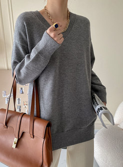 Brief V-neck Long Sleeve Pullover Loose Sweater