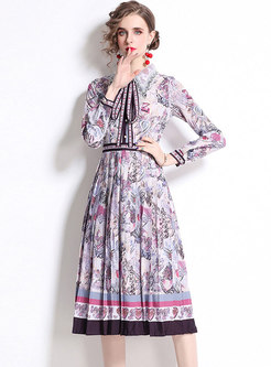 Long Sleeve Floral High Waisted Pleated Midi Dress