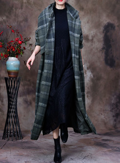 Plus Size Plaid Straight Long Wool Blend Coat