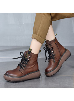 Retro Rounded Toe Lace-up Platform Winter Boots