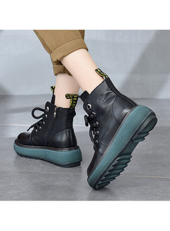 Retro Rounded Toe Lace-up Platform Winter Boots