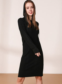 Black Hooded Sheath Knee-length Sweater Dress