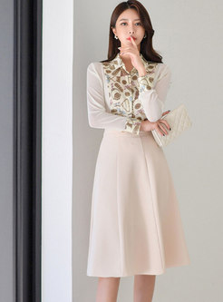 Long Sleeve Print Blouse & A Line Big Hem Skirt