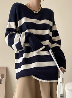 Crew Neck Striped Pullover Loose Sweater