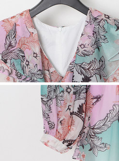 V-neck Long Sleeve Ruffle Print Boho Maxi Dress