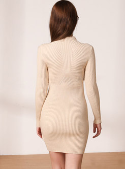 Long Sleeve Solid Sheath Mini Sweater Dress
