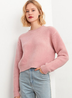 Pink Long Sleeve Pullover Short Sweater