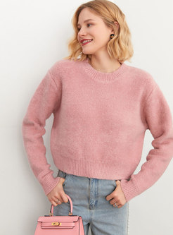Pink Long Sleeve Pullover Short Sweater