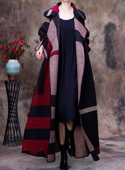 Plus Size Plaid Long Straight Wool Blend Coat