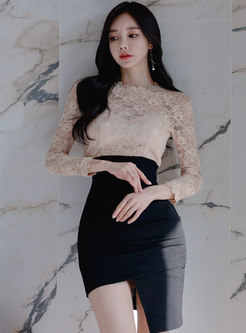 Lace Long Sleeve Patchwork Mini Bodycon Dress