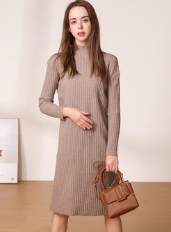 Solid Long Sleeve Sweater Dress With Belted