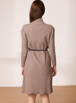 Solid Long Sleeve Sweater Dress With Belted