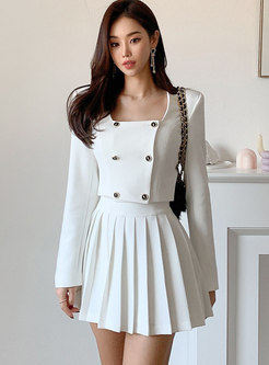 Square Neck Double-breasted Short Coat & Mini Pleated Skirt