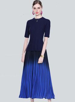Brief Pullover Knit Top & A Line Pleated Maxi Skirt