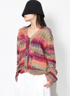 V-neck Single-breasted Patchwork Sweater Cardigan