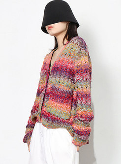 V-neck Single-breasted Patchwork Sweater Cardigan