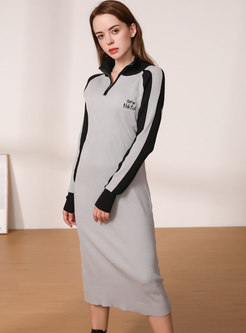 Color-blocked Long Sleeve Sheath Midi Sweater Dress
