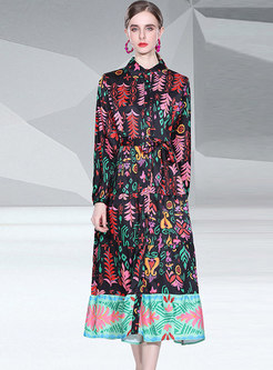 Turn-down Collar Long Sleeve Floral Maxi Dress