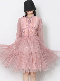 Sweet Pink Sequin High Waisted Mesh Skater Dress
