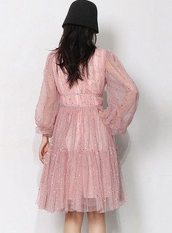Sweet Pink Sequin High Waisted Mesh Skater Dress