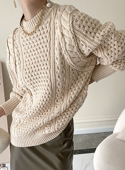 Crew Neck Openwork Cable-knit Pullover Sweater