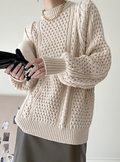 Crew Neck Openwork Cable-knit Pullover Sweater