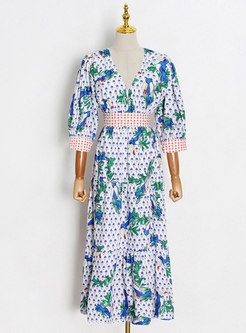 Boho V-neck Puff Sleeve Print Beach Maxi Dress