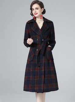 Long Sleeve Double-breasted Plaid Long Peacoat