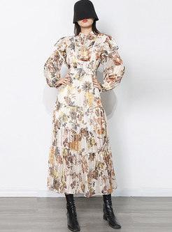 Long Sleeve Print Big Hem Boho Maxi Dress