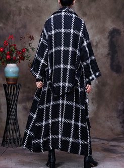 Plus Size Lapel Plaid Straight Long Wool Blend Coat