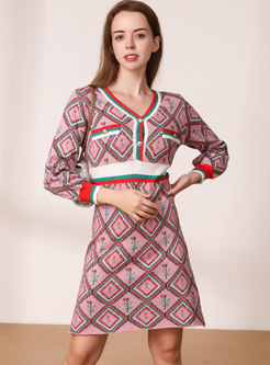 V-neck Long Sleeve Plaid Jacquard Sweater Dress