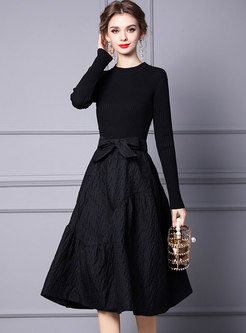 Black Long Sleeve Sweater Patchwork Midi Dress